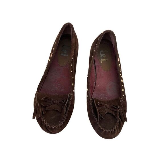 L.E.I. Fallon Leather Moccasin Slippers Shoes Fringe Studded Boho Bohemian - Picture 1 of 6